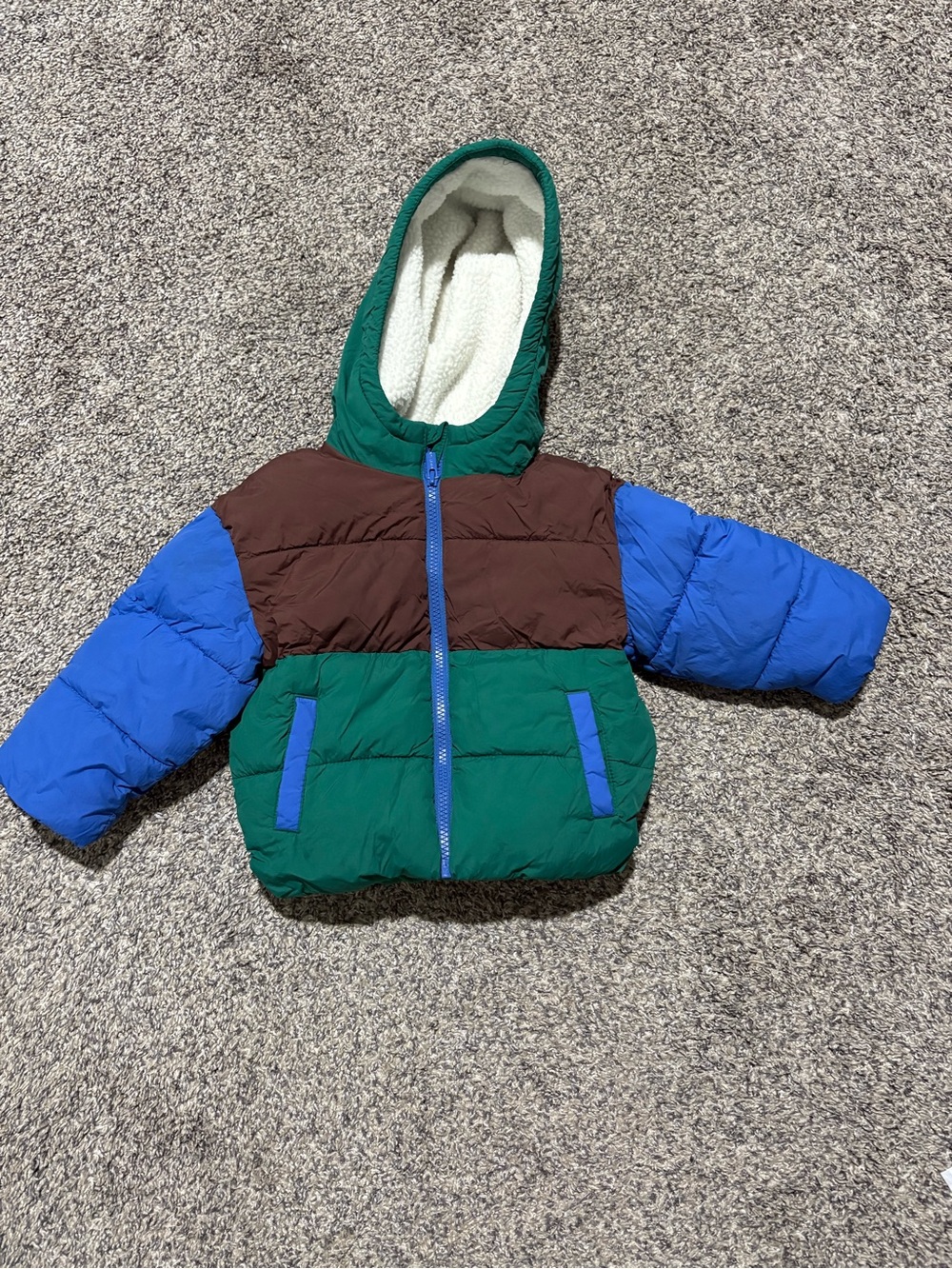 Old Navy Kids Colorblock Puffer Jacket in Green, Brown & Blue